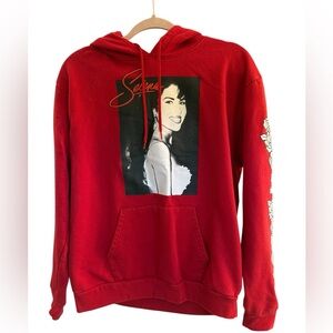 Selena Floral Graphic Hoodie Womens Size Large Red Hooded Pullover Sweatshirt